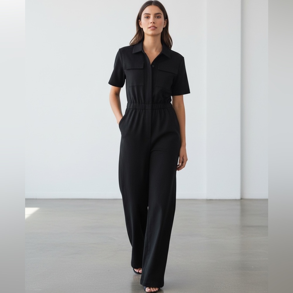 PRETTYLITTLETHING  Women’s Black Short Sleeve Straight-Leg Jumpsuit | Size 0